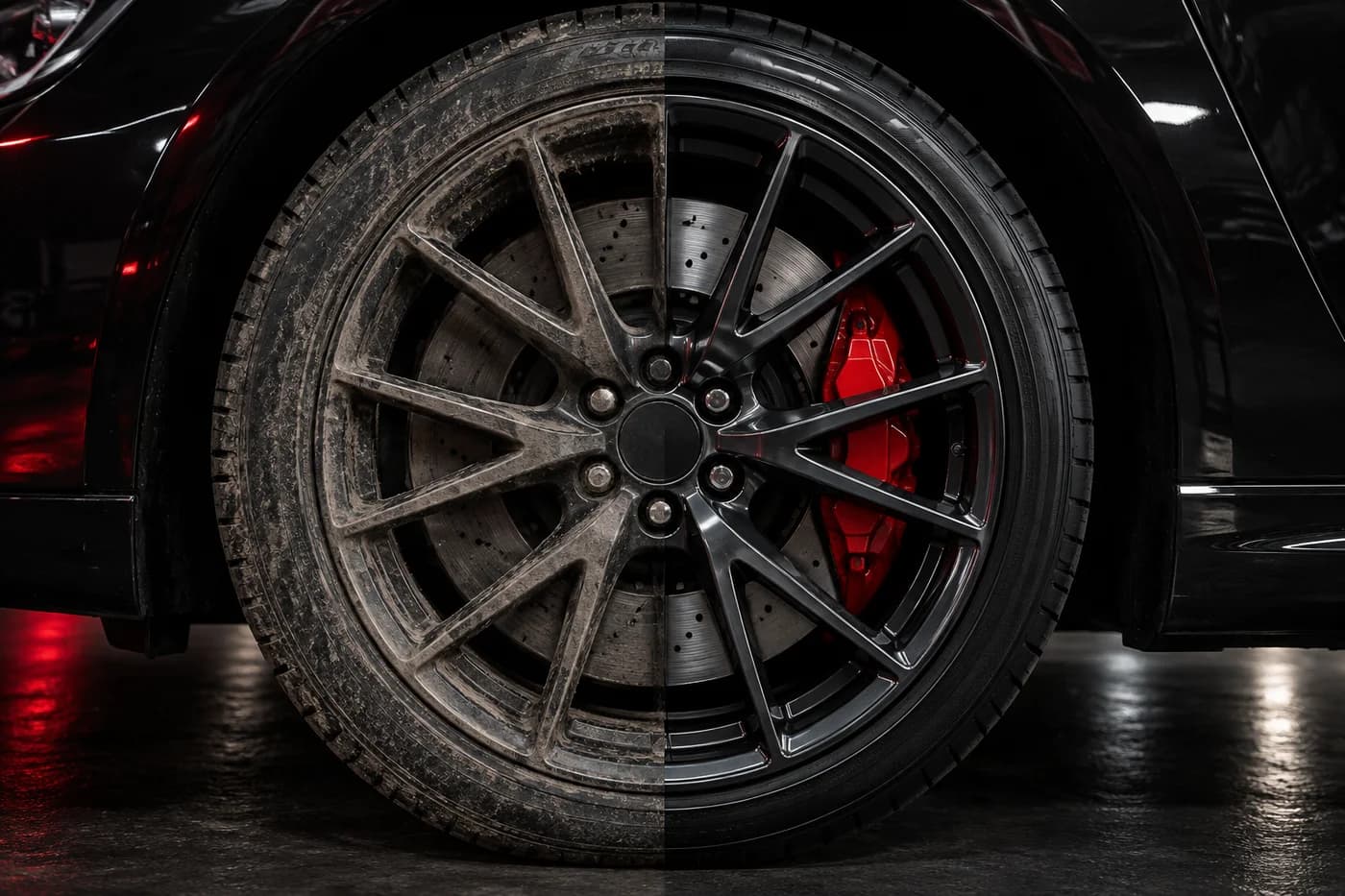 Illustrative comparison: dirty wheel on the left and clean wheel on the right